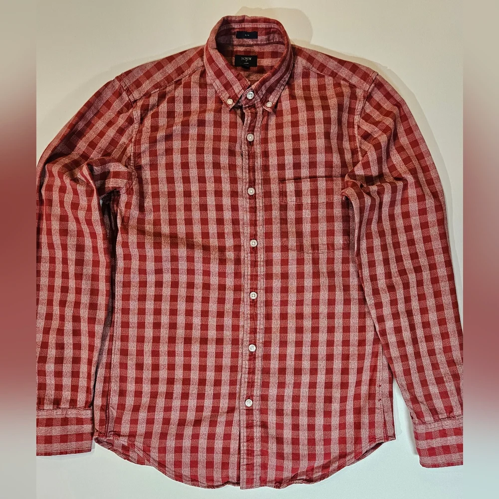 J.‎ Crew Mens Button Down Shirt Small Red White Checker Plaid Slim Fit